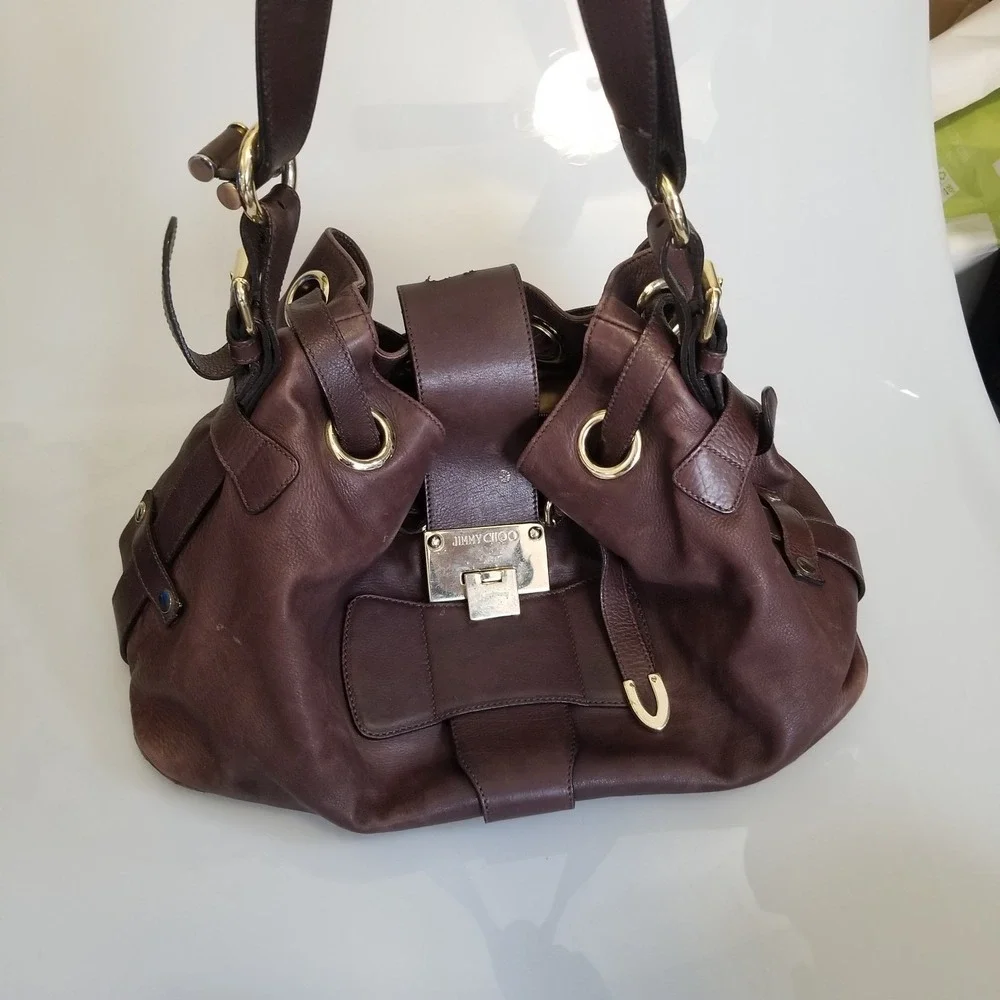Jimmy Choo Ramona Shoulder Bag Medium Brown Leather Drawstring Hobo Italy *Flaw*